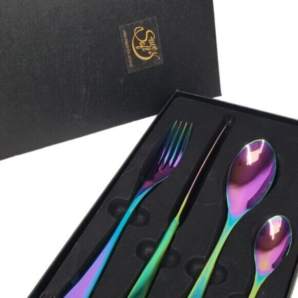 Iridescent Cutlery Four Piece Set in Box New Stainless Steel Rainbow - Picture 13 of 13